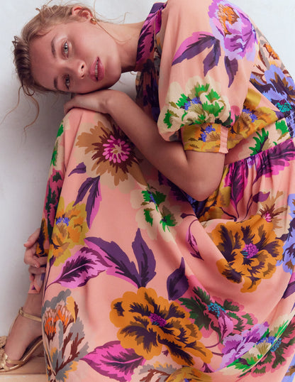 High Neck Blouson Sleeve Dress-Multi Opulent Blossom