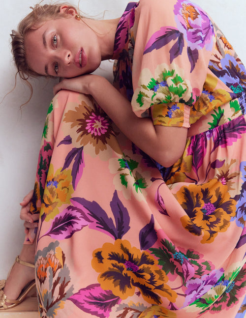 High Neck Blouson Sleeve Dress-Multi Opulent Blossom