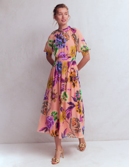 High Neck Blouson Sleeve Dress-Multi Opulent Blossom
