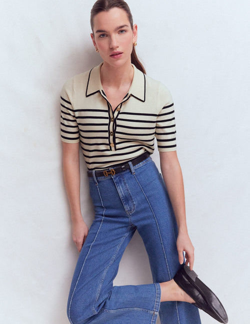 Liz Henley T-Shirt-Ivory. Navy