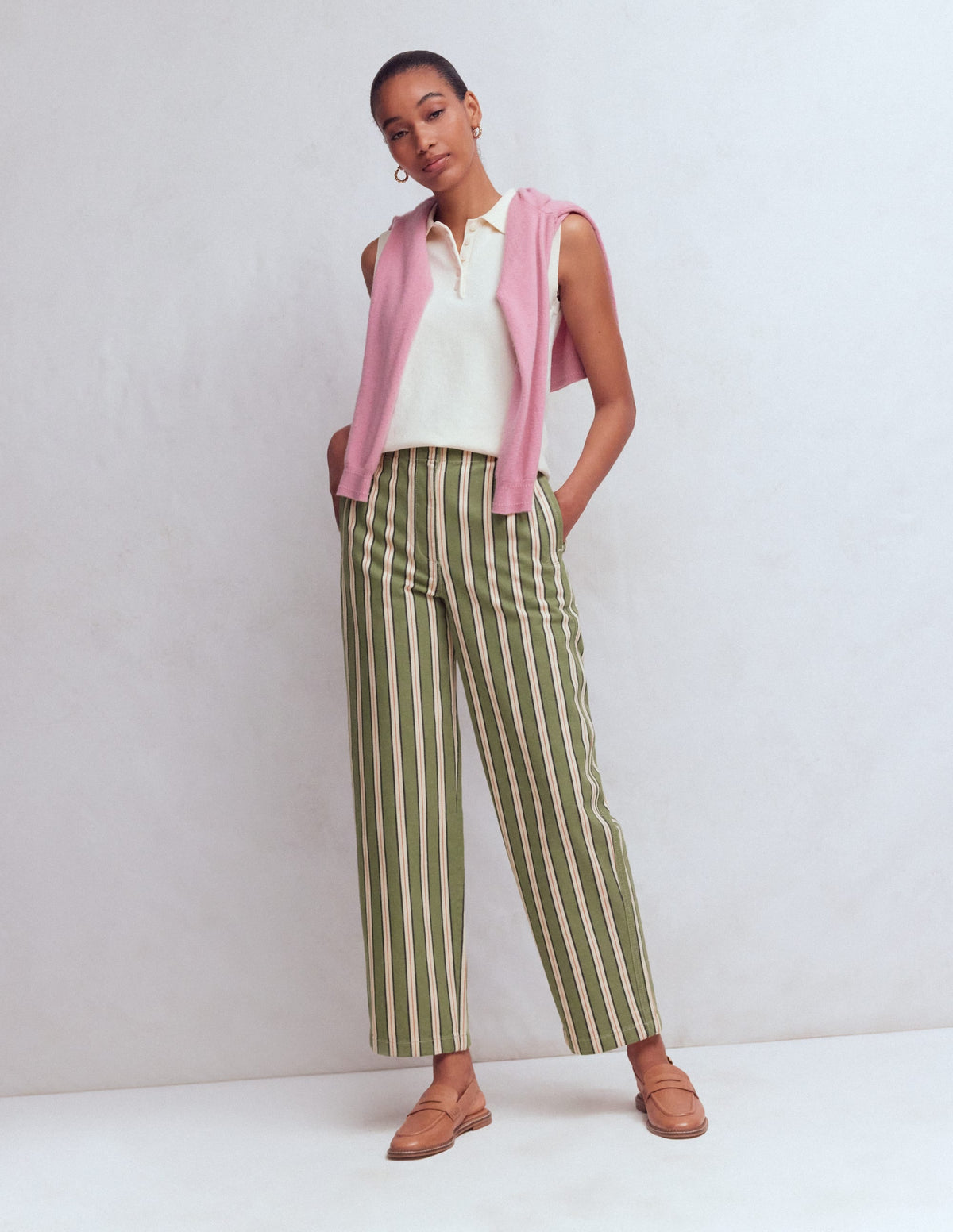 Barrel Leg Chino Pants-Green, Navy, Pink Stripe