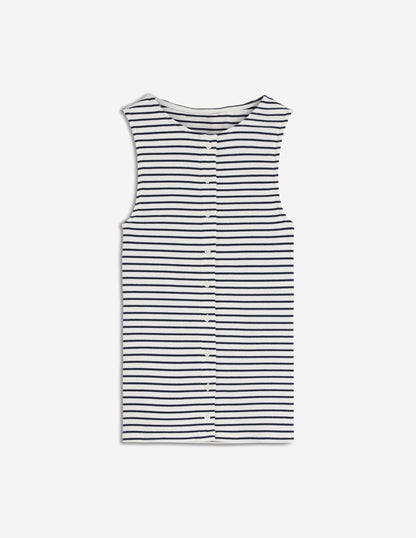 Evie Button Through Rib Vest-Ivory, Navy Stripe