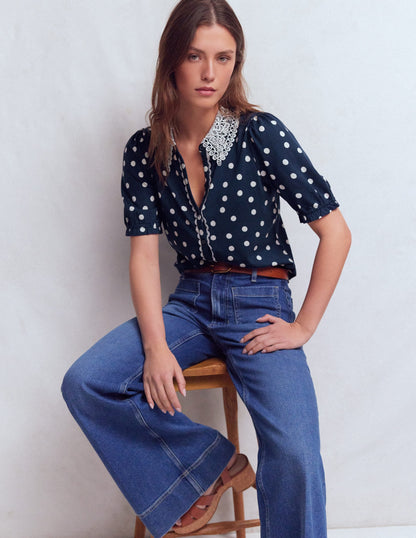 Nessa Broderie Collar Blouse-Painted Dot Spaced