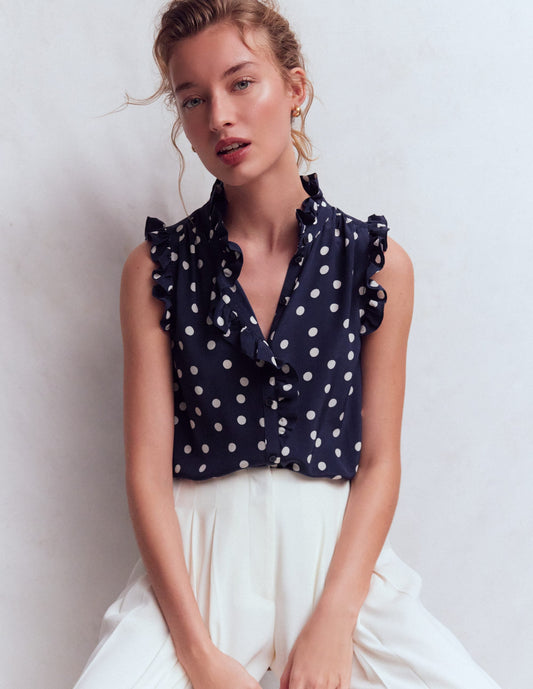 Isabel Sleeveless Silk Top-French Navy, Painted Dot