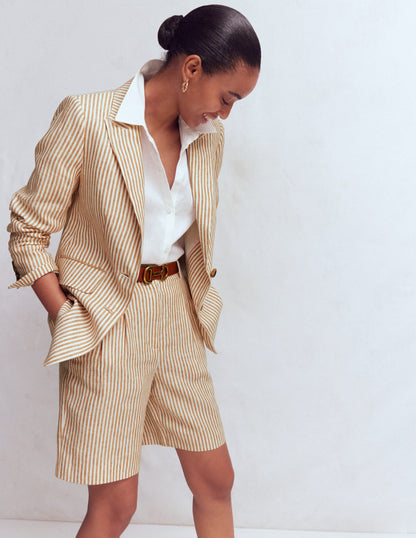 Stamford Linen Blazer-Brown, Ivory Ticking Stripe