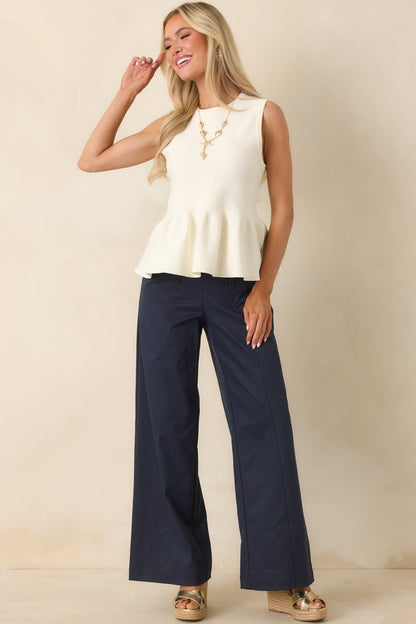 It Just Works Ivory Knit Sleeveless Peplum Top