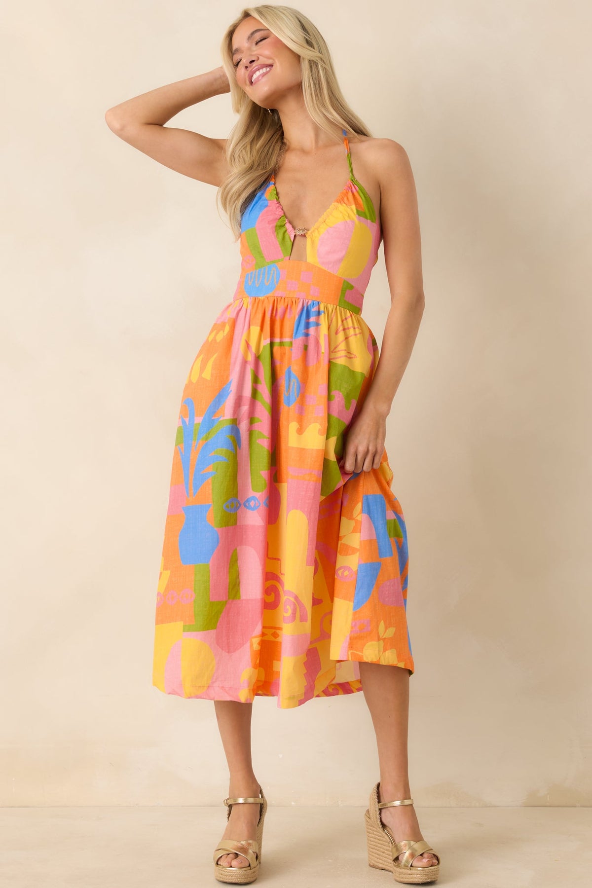 Paradisa Maldives Orange Multi Cotton Abstract Print Midi Dress