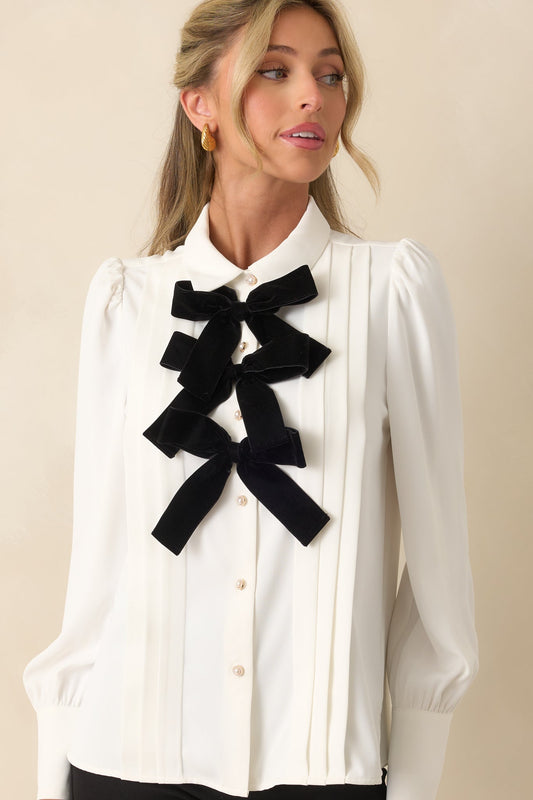Prosperina Shelby White Bow Front Button Up Top