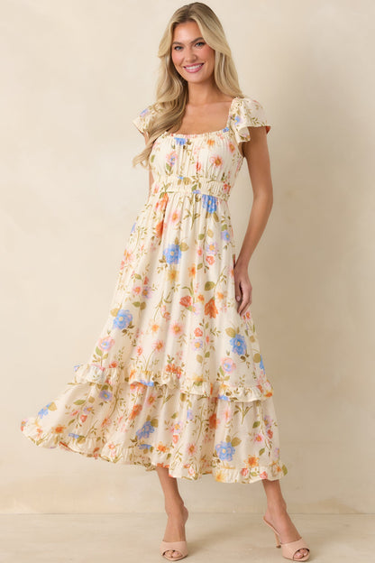 Wildflower Wishes Light Beige Multi Floral Midi Dress
