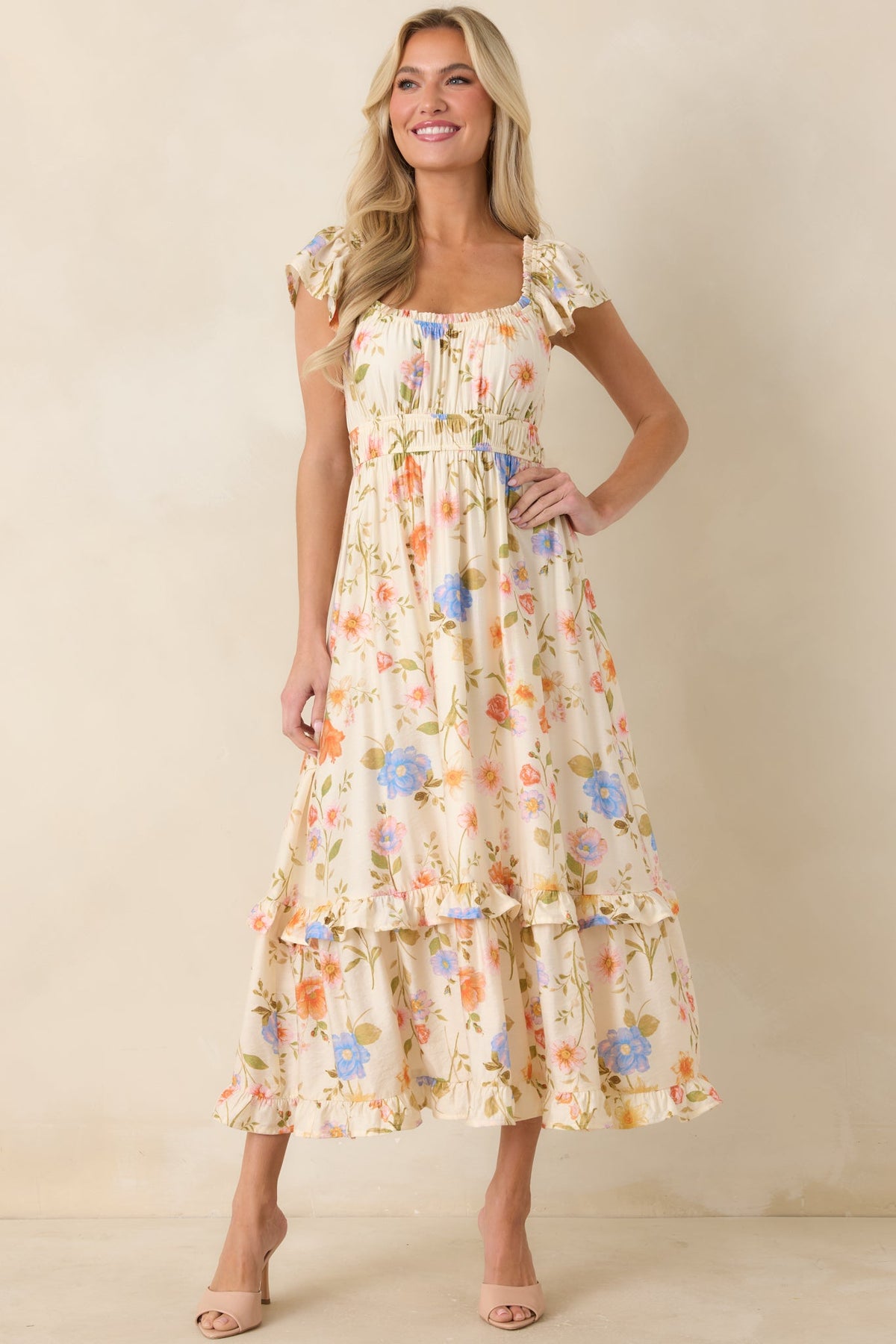 Wildflower Wishes Light Beige Multi Floral Midi Dress