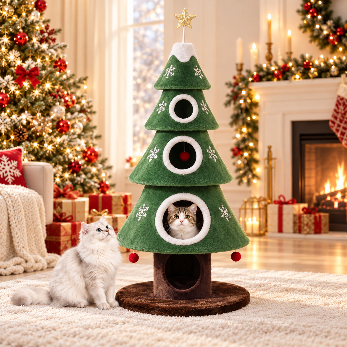 Christmas Tree Cat Tower – Cozy Multi-Level Cat Hideaway with Plush Nests & Interactive Hanging Toys