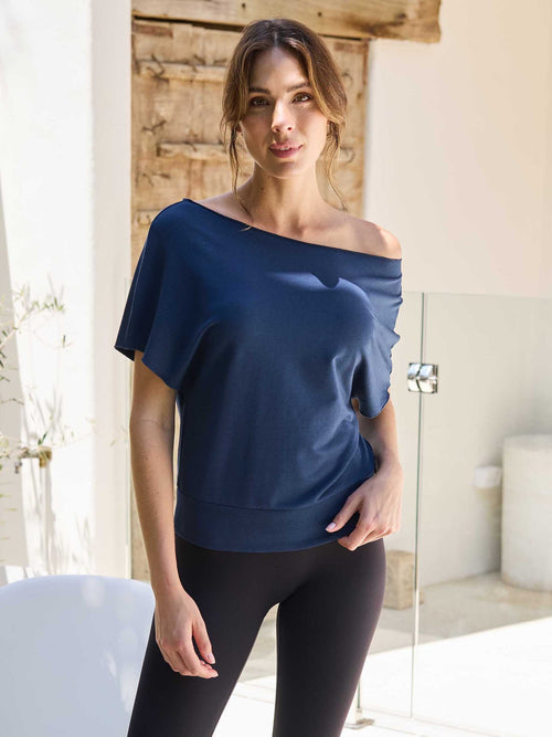 French Terry Short Sleeve Off Shoulder Sweatshirt  - Navy
