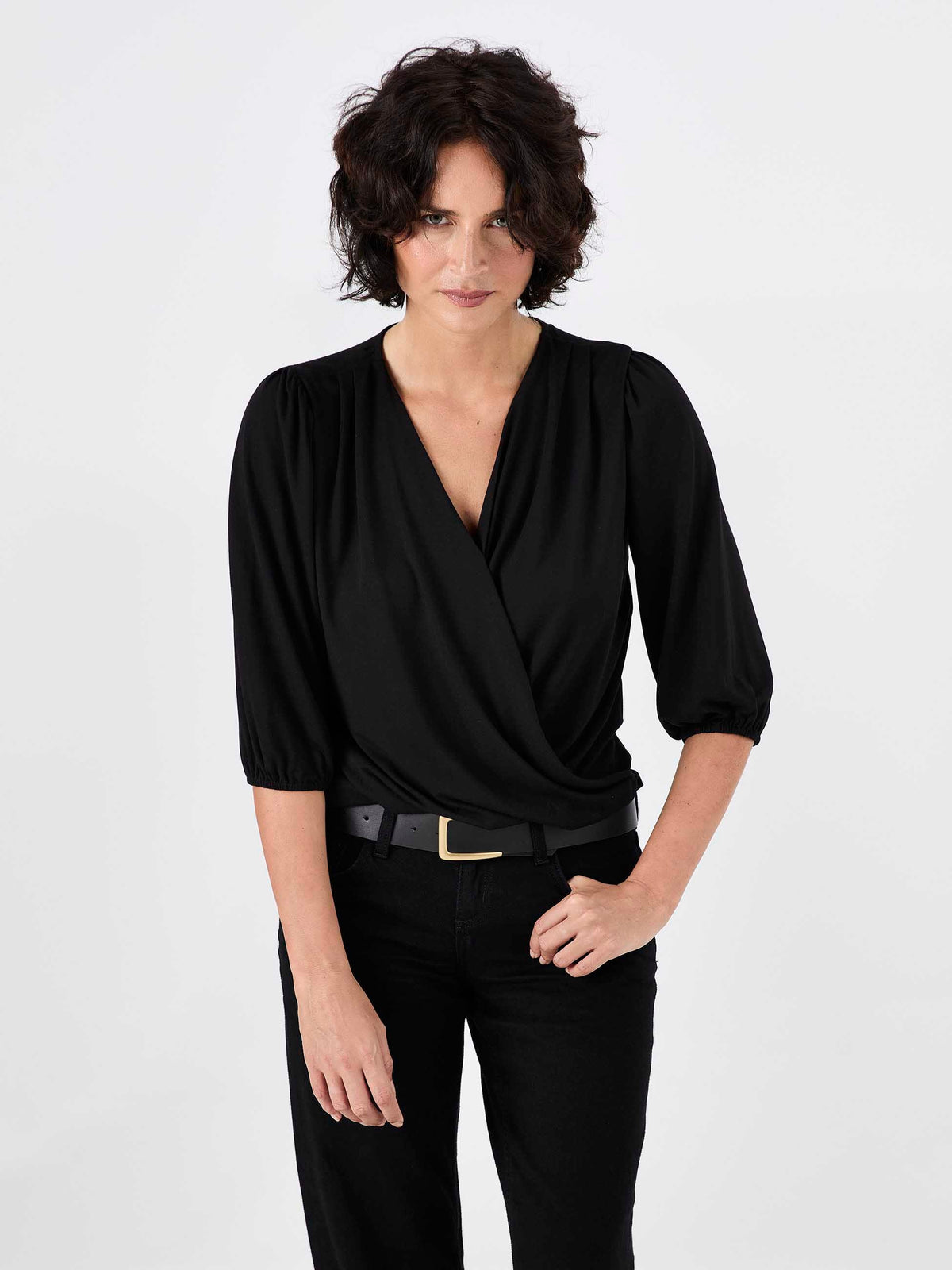 Athena 7/8 Sleeve  Drape Top - Black