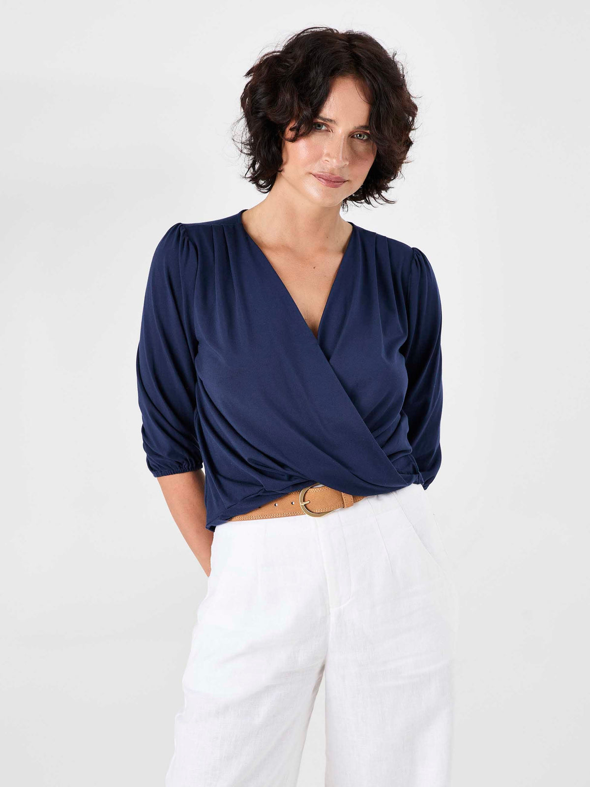 Athena 7/8 Sleeve  Drape Top - Navy