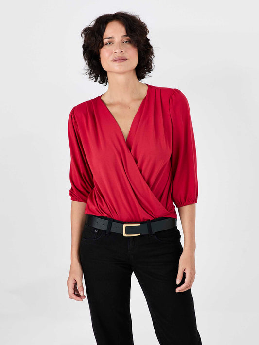 Athena 7/8 Sleeve  Drape Top - Cherry