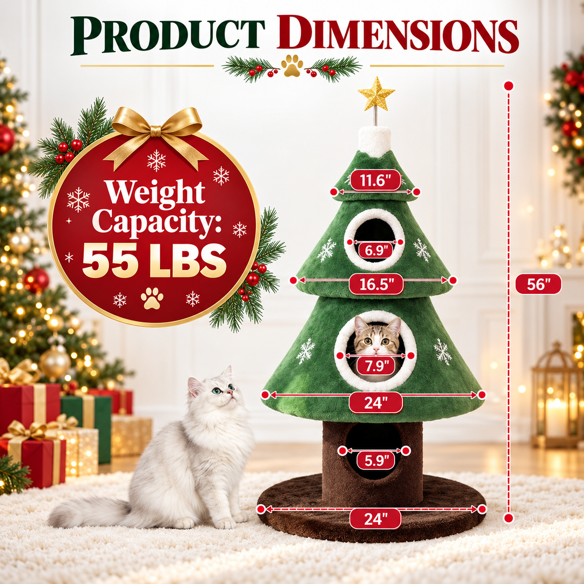 Christmas Tree Cat Tower – Cozy Multi-Level Cat Hideaway with Plush Nests & Interactive Hanging Toys