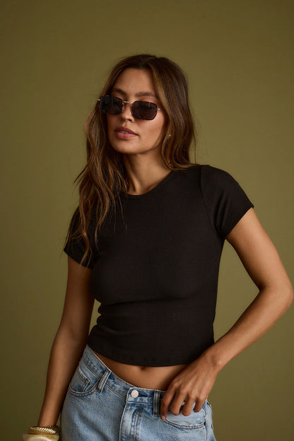 Abby Black Ribbed Crew Neck Tee