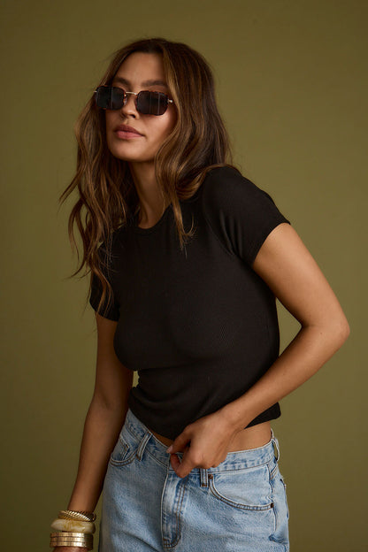 Abby Black Ribbed Crew Neck Tee