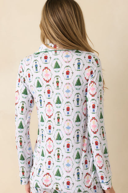 Holiday Brigade White Multi Nutcracker Long Sleeve Button Up Pajama Top