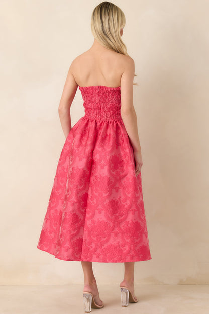The Genevieve Hot Pink Jacquard Strapless Midi Dress