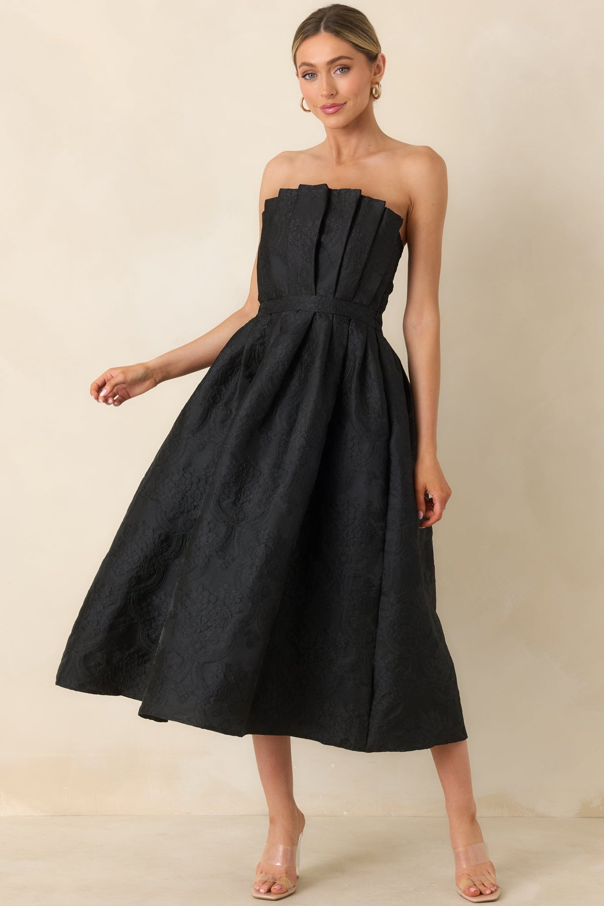 The Genevieve Black Jacquard Strapless Midi Dress