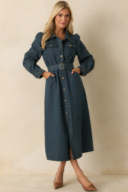 Just As I Said Blue Cotton Patterned Denim Belted Midi Dress