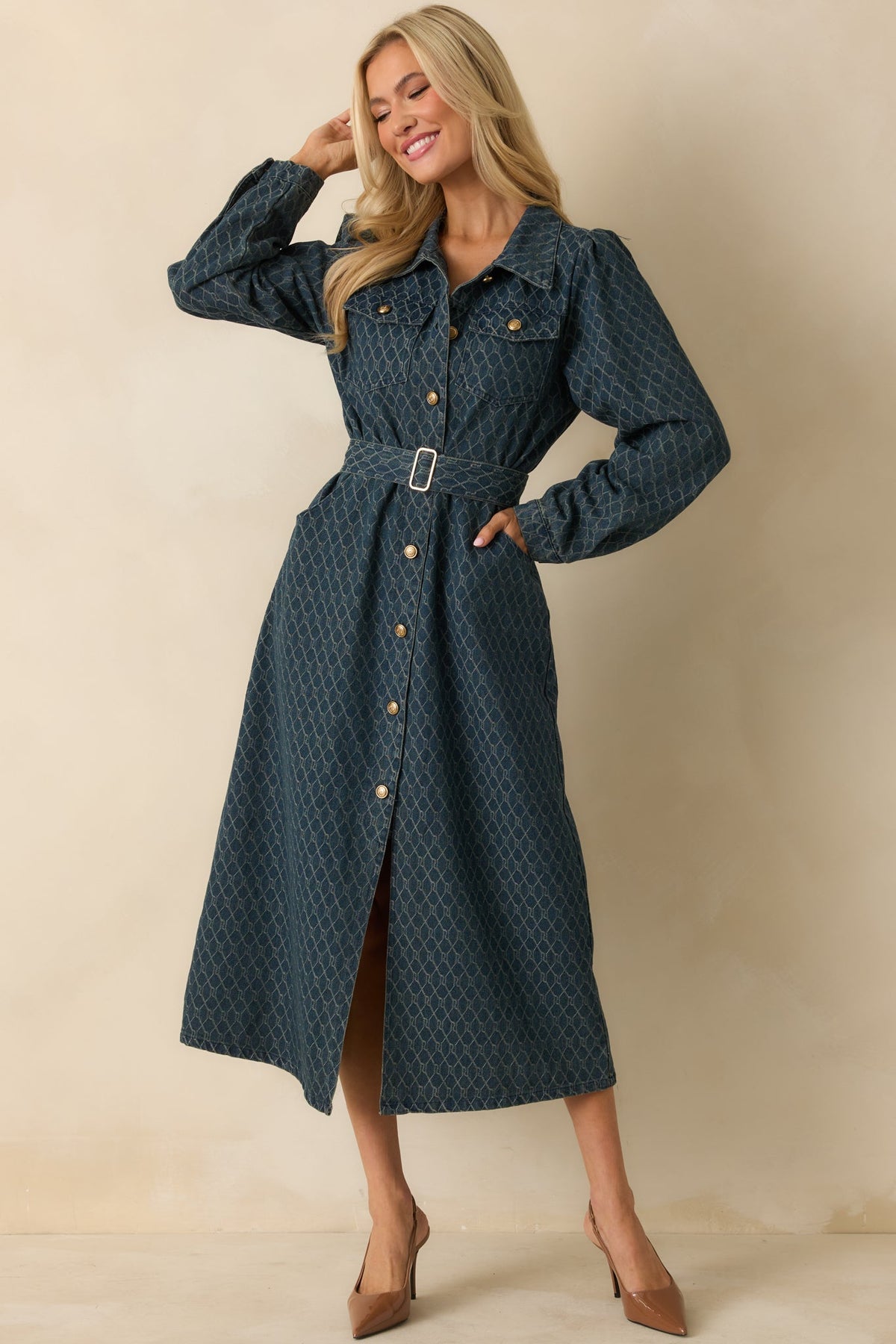 Just As I Said Blue Cotton Patterned Denim Belted Midi Dress