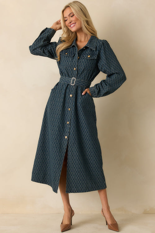 Just As I Said Blue Cotton Patterned Denim Belted Midi Dress