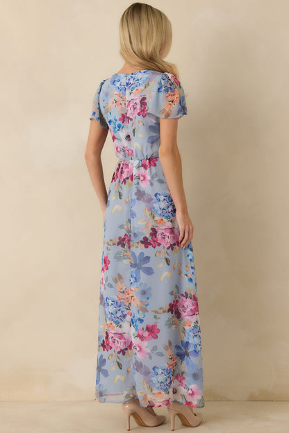 Fate Finds a Way Blue Multi Floral V-Neck Flutter Sleeve Maxi Dress