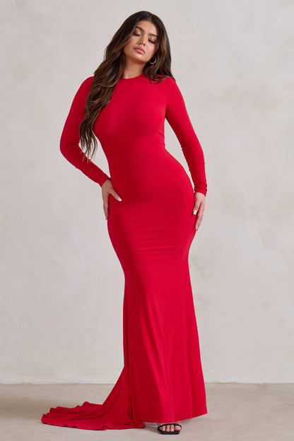 One Step Ahead | Red Long Sleeve Backless Fishtail Maxi Dress