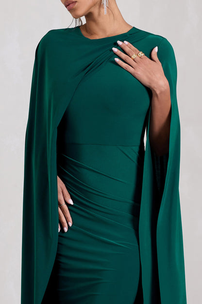 Marysol | Bottle Green Asymmetric Cape Midi Dress