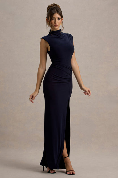 Lanetta | Navy Ruched High-Neck Maxi Dress With Split