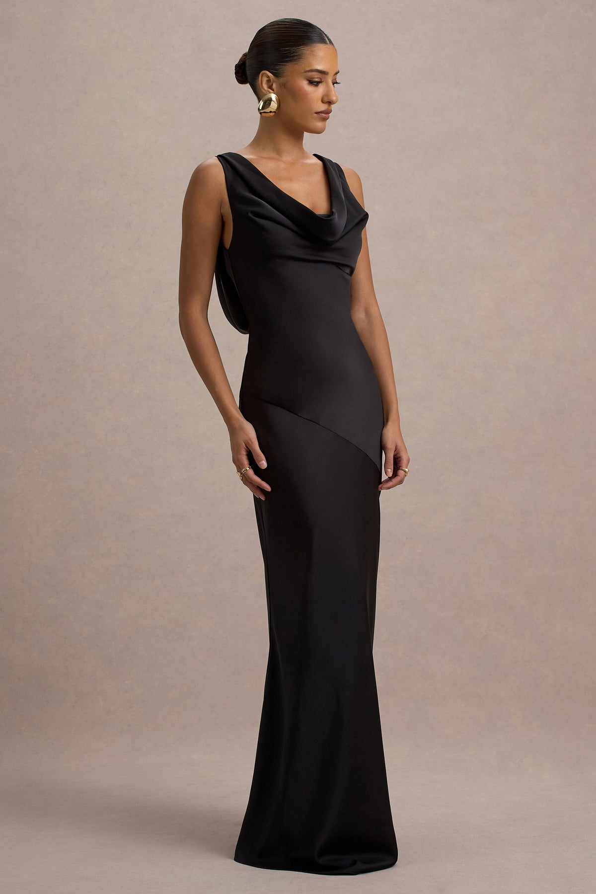 Alesso | Black Satin Cowl-Neck Slip-Maxi Dress