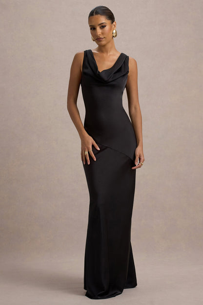 Alesso | Black Satin Cowl-Neck Slip-Maxi Dress