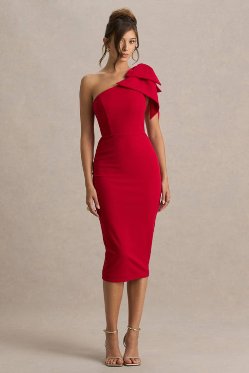 Ambretta | Red One-Shoulder Midi Dress With Bow