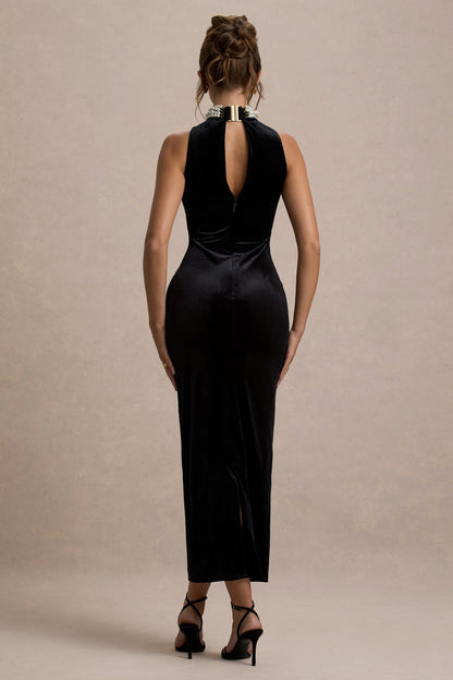 Audrine | Black Velvet Embellished High-Neck Maxi Dress