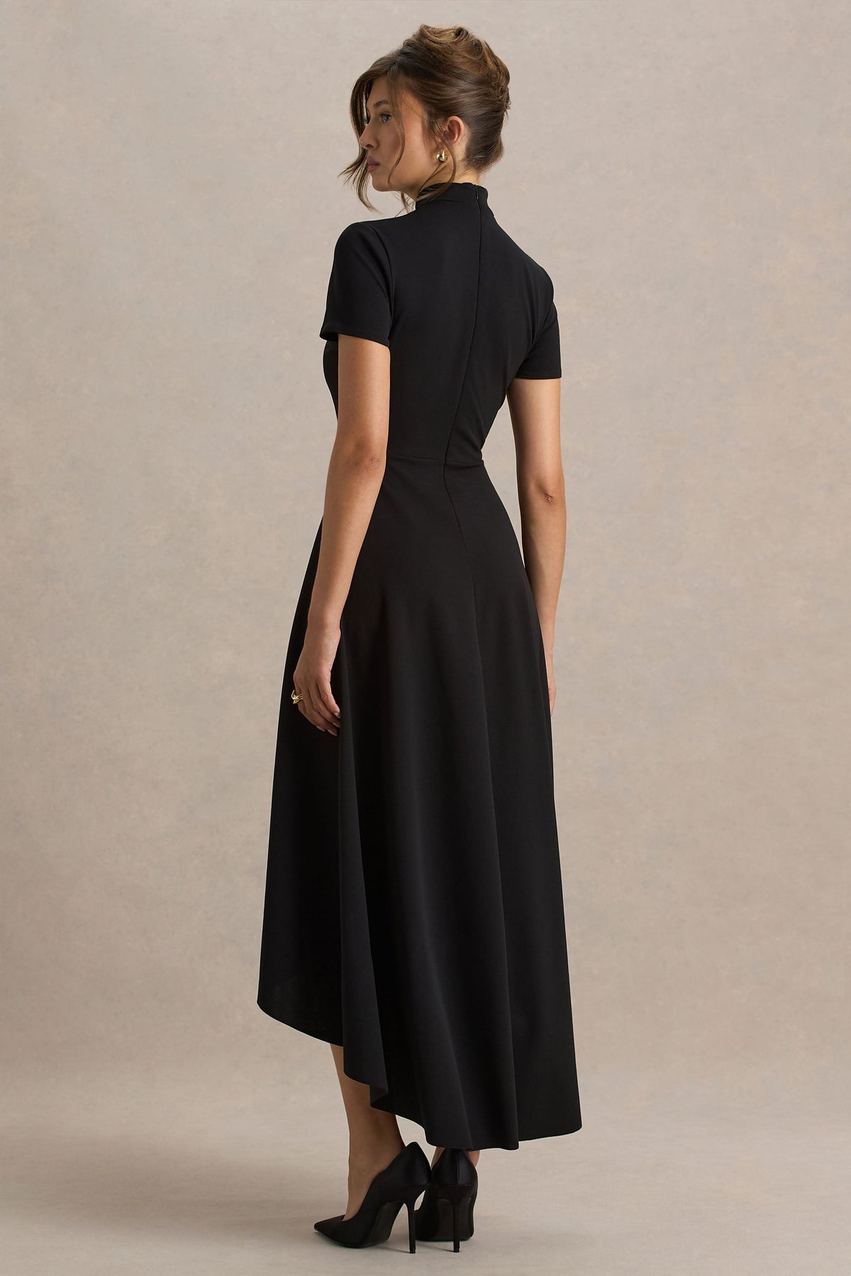 Bellona | Black High-Neck High-Low Midi Dress