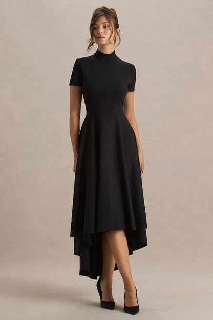 Bellona | Black High-Neck High-Low Midi Dress