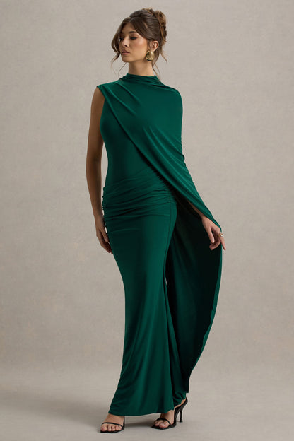 Maeve | Bottle Green Cape-Sleeve Draped Maxi Dress