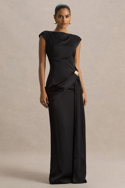 Influence | Black Satin Slashed-Neck Maxi Dress With Embellished Detail And Sash