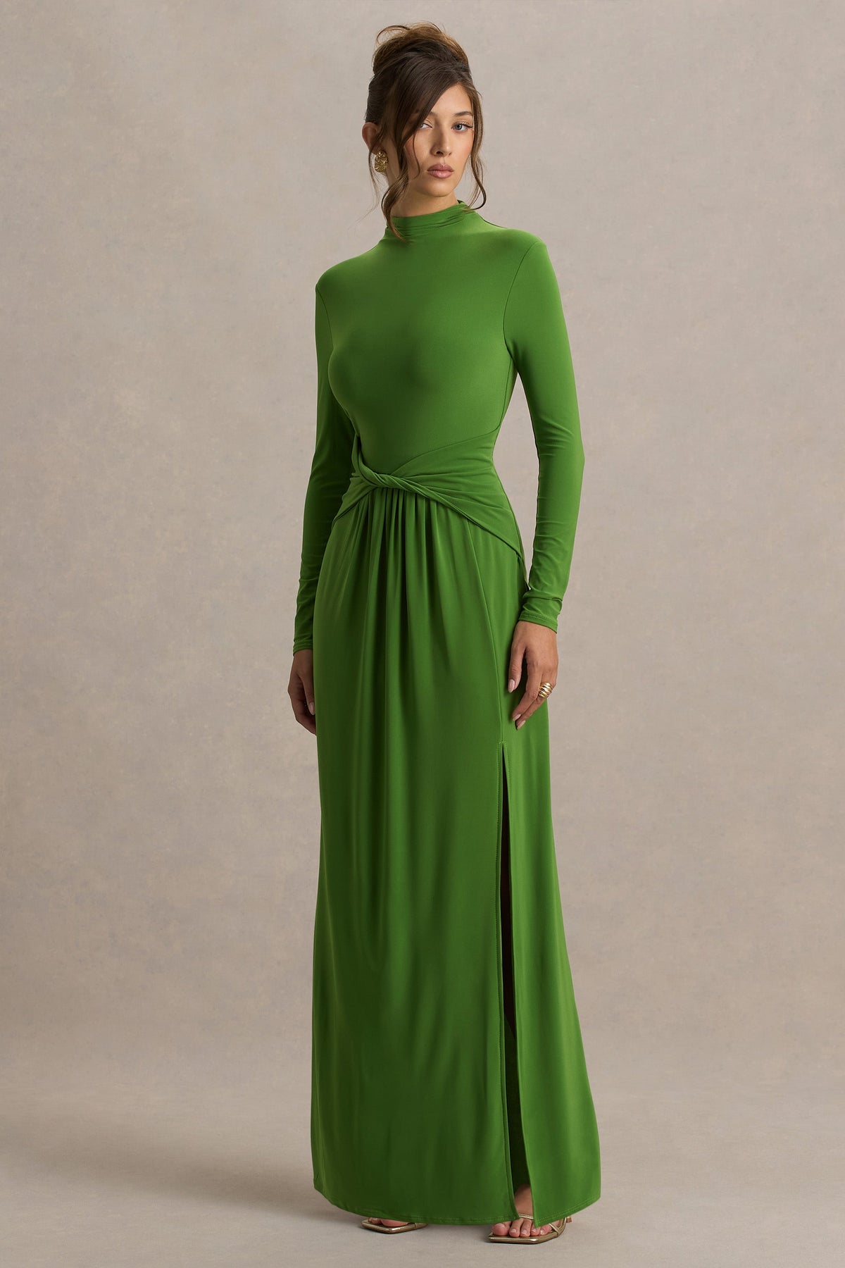 Hourglass | Green Long-Sleeve Twisted Maxi Dress With Split
