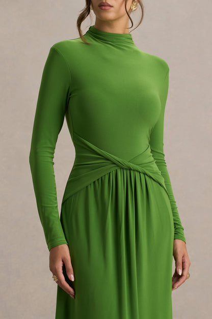 Hourglass | Green Long-Sleeve Twisted Maxi Dress With Split