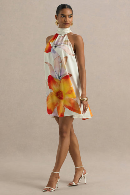 Evita | Orange Floral High-Neck Satin Mini Dress