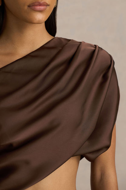 Entrapment | Brown Satin Boat-Neck Crop-Top With Ruched Detailing