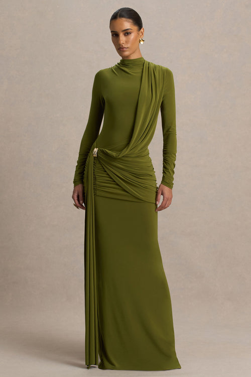 Melissa | Olive Long-Sleeve Wrap Maxi Dress With Draped Detailing
