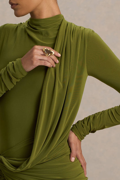 Melissa | Olive Long-Sleeve Wrap Maxi Dress With Draped Detailing
