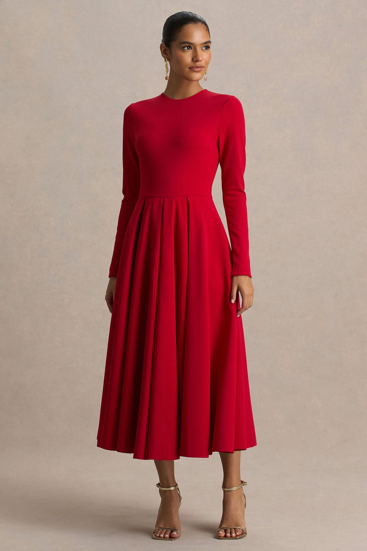 Bellamy | Red Crew-Neck Long-Sleeve Midi Dress