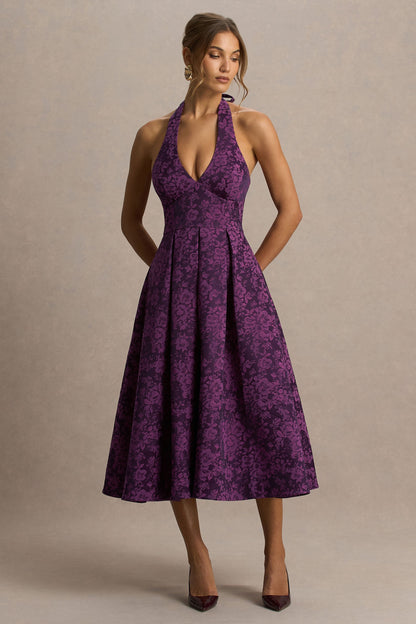 Isabeau | Purple Satin Plunge-Neck Midi Dress