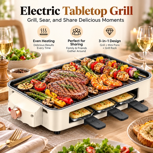 SavorNest™ – 3-in-1 Electric Tabletop Grill & Raclette Set