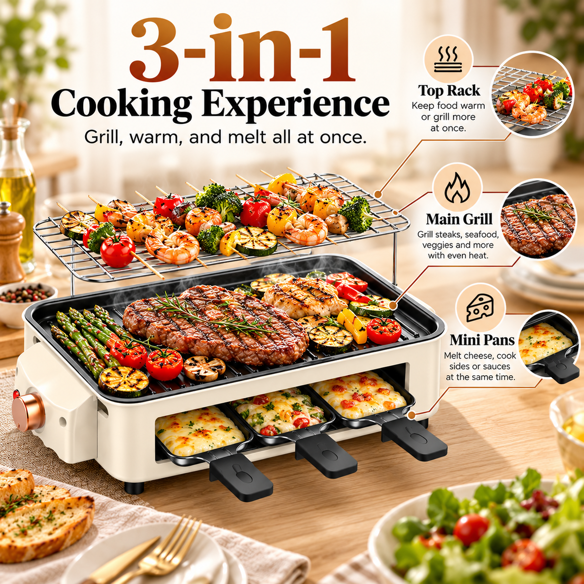 SavorNest™ – 3-in-1 Electric Tabletop Grill & Raclette Set